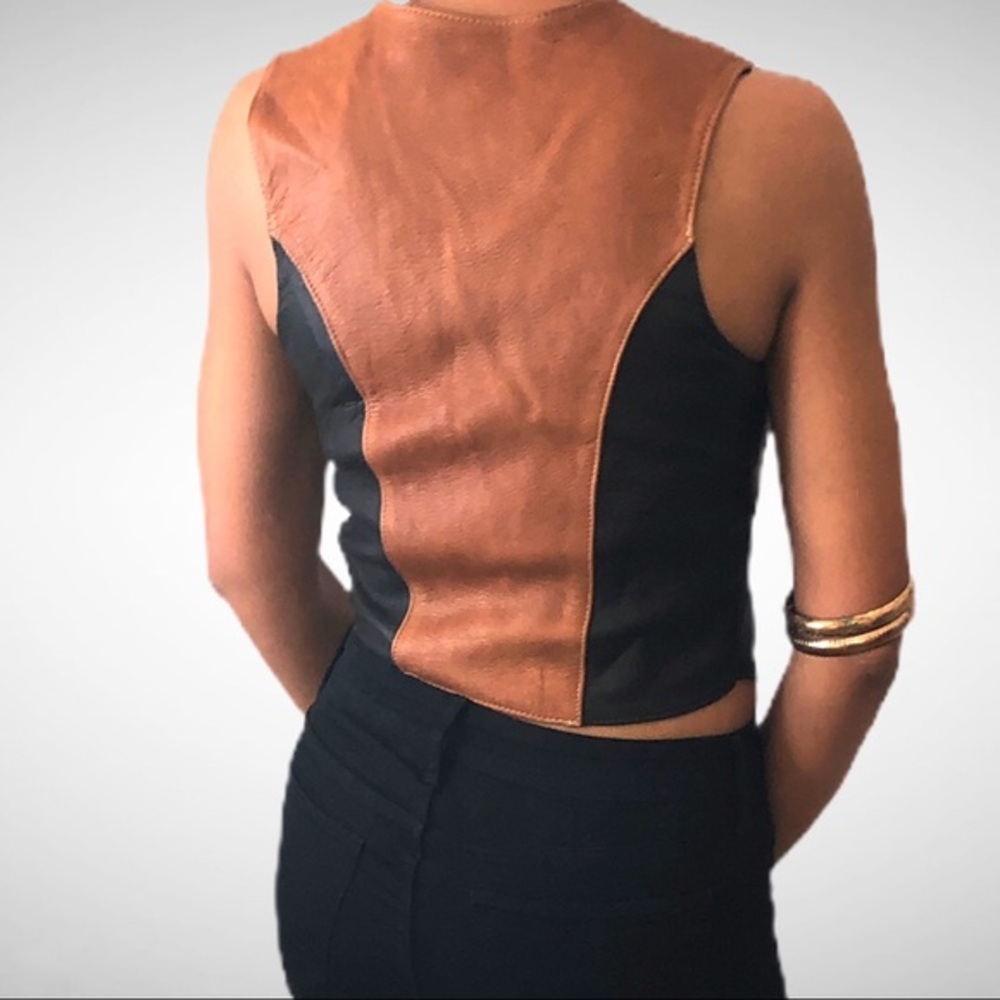 Vintage Made in USA Trim Leathers Black and Brown Biker Vest Blush Size Small - Picture 4 of 13